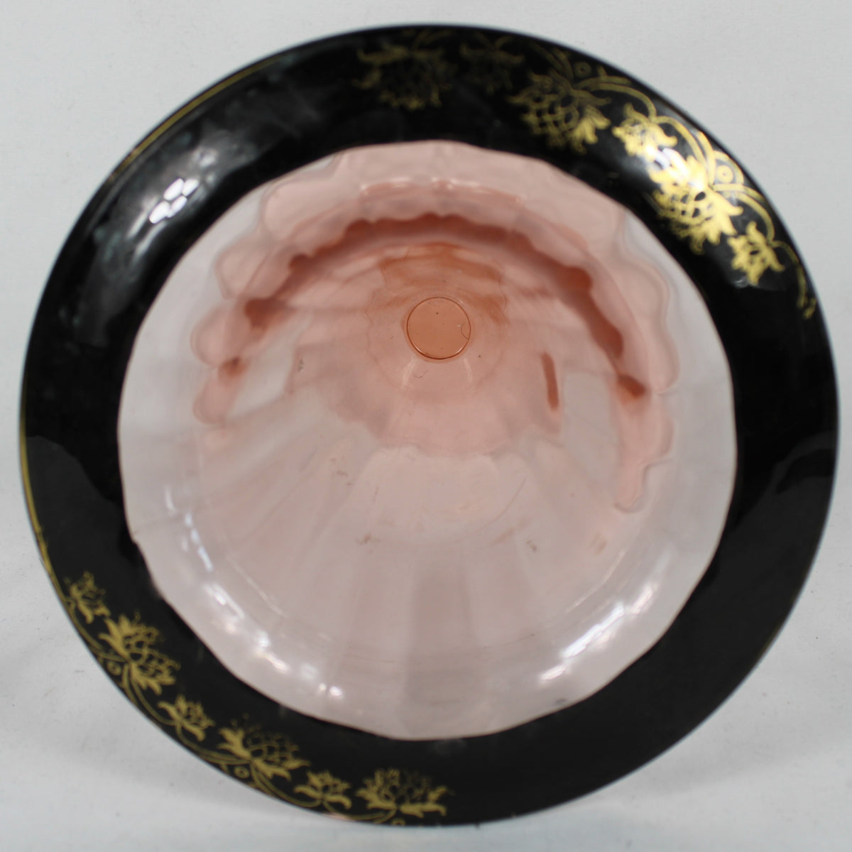 Pink Glass Trumpet Vase with Black & Gold Floral Stenciled Rim