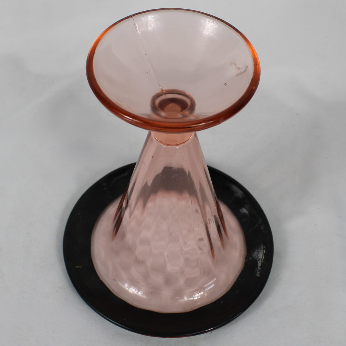 Pink Glass Trumpet Vase with Black & Gold Floral Stenciled Rim