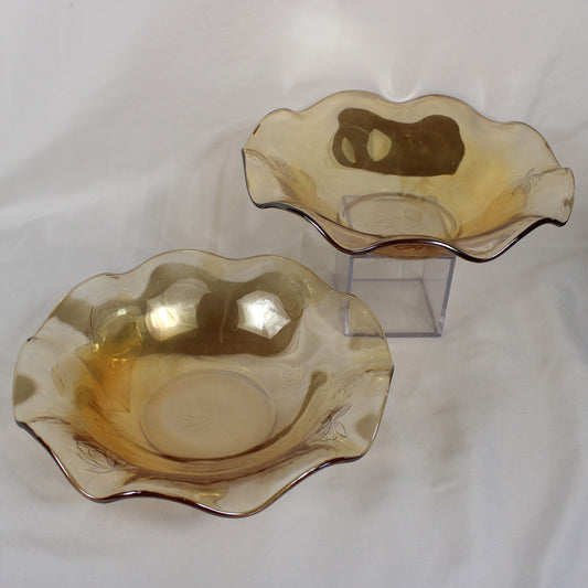 Glass Ruffled Bowls with Etched Floral Detail - Set of 2