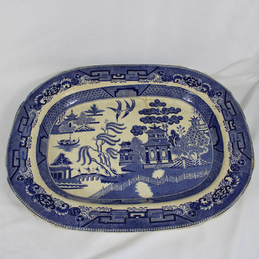 Antique Blue & White Blue Willow Oval Platter - Semi China (17.5" x 13.5")