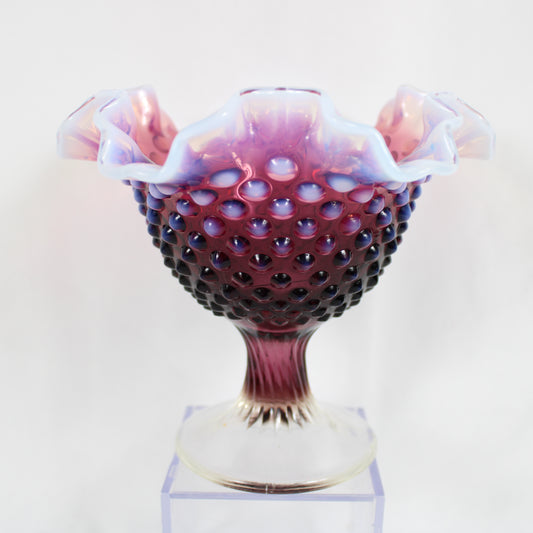 Plum Opalescent Hobnail Ruffled Pedestal Compote Dish