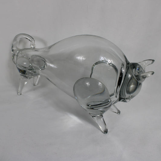 Mid-Century Hand-Blown Clear Art Glass Bull Figurine