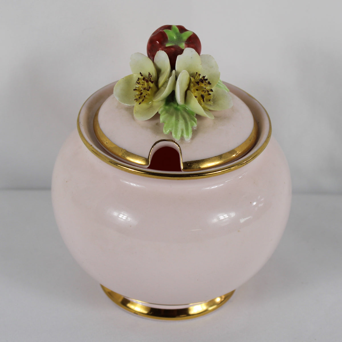 Floral Bone China Pink Strawberry Preserve Jar with Lid, Staffordshire England