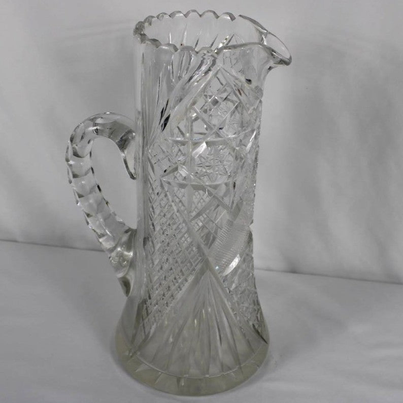 Vintage Cut Glass Water Pitcher with Pinwheel and Starburst Patterns