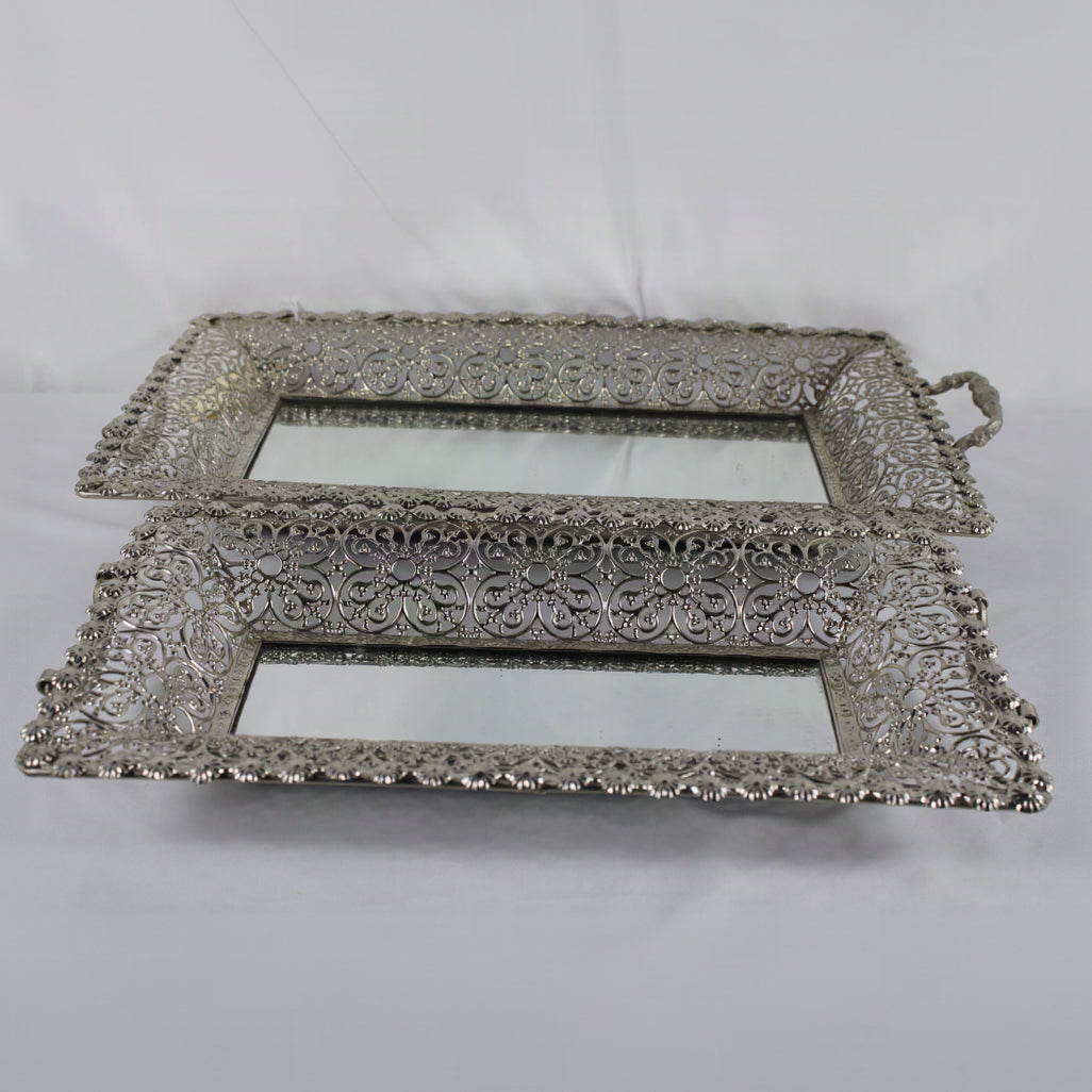 Set of 2 Silver Mirrored Filigree Vanity Trays with Handles
