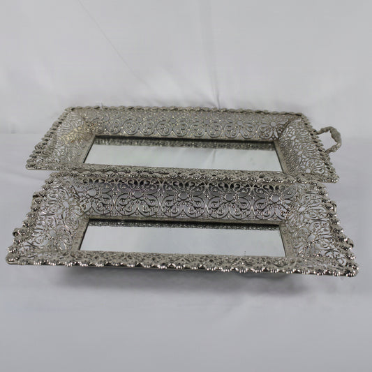 Set of 2 Silver Mirrored Filigree Vanity Trays with Handles