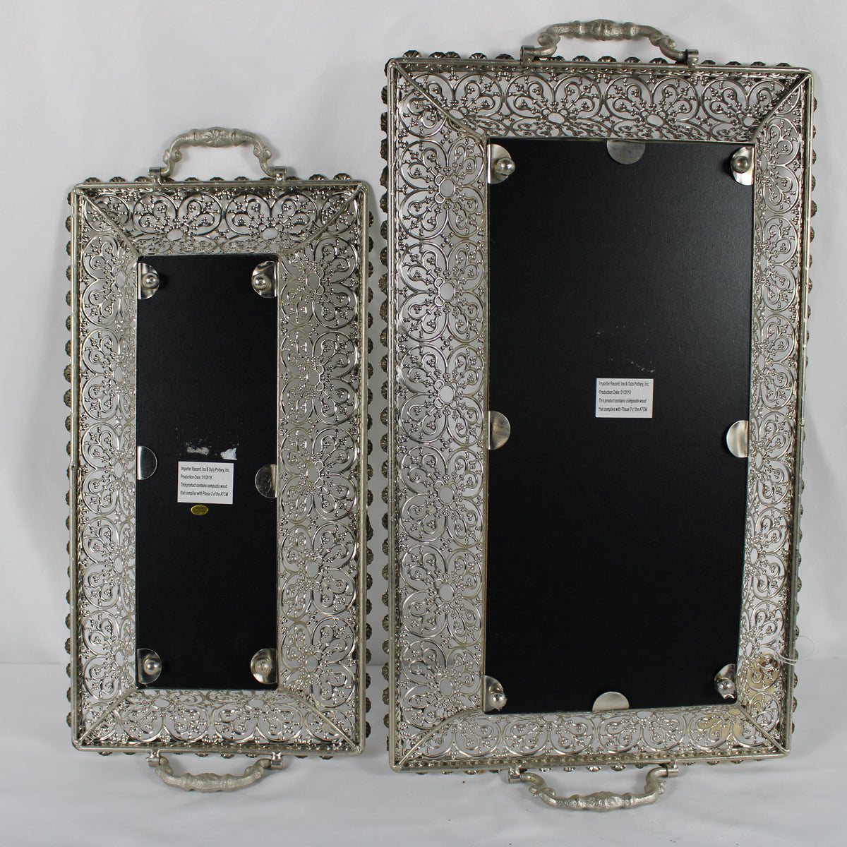 Set of 2 Silver Mirrored Filigree Vanity Trays with Handles