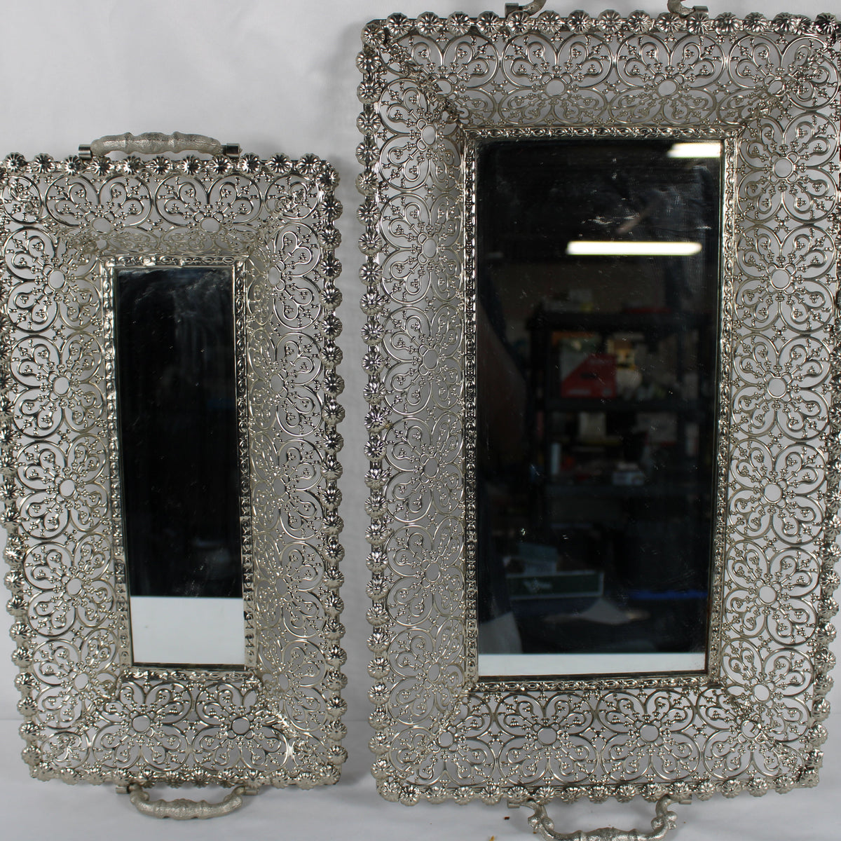 Set of 2 Silver Mirrored Filigree Vanity Trays with Handles