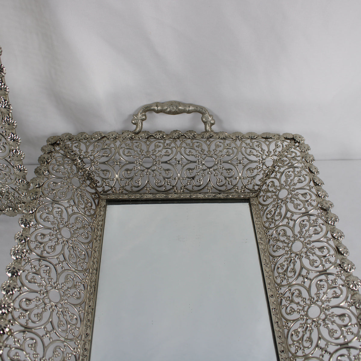 Set of 2 Silver Mirrored Filigree Vanity Trays with Handles