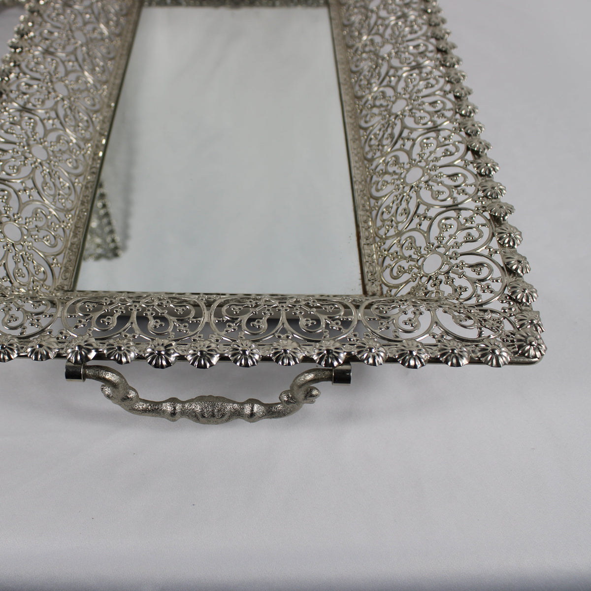 Set of 2 Silver Mirrored Filigree Vanity Trays with Handles