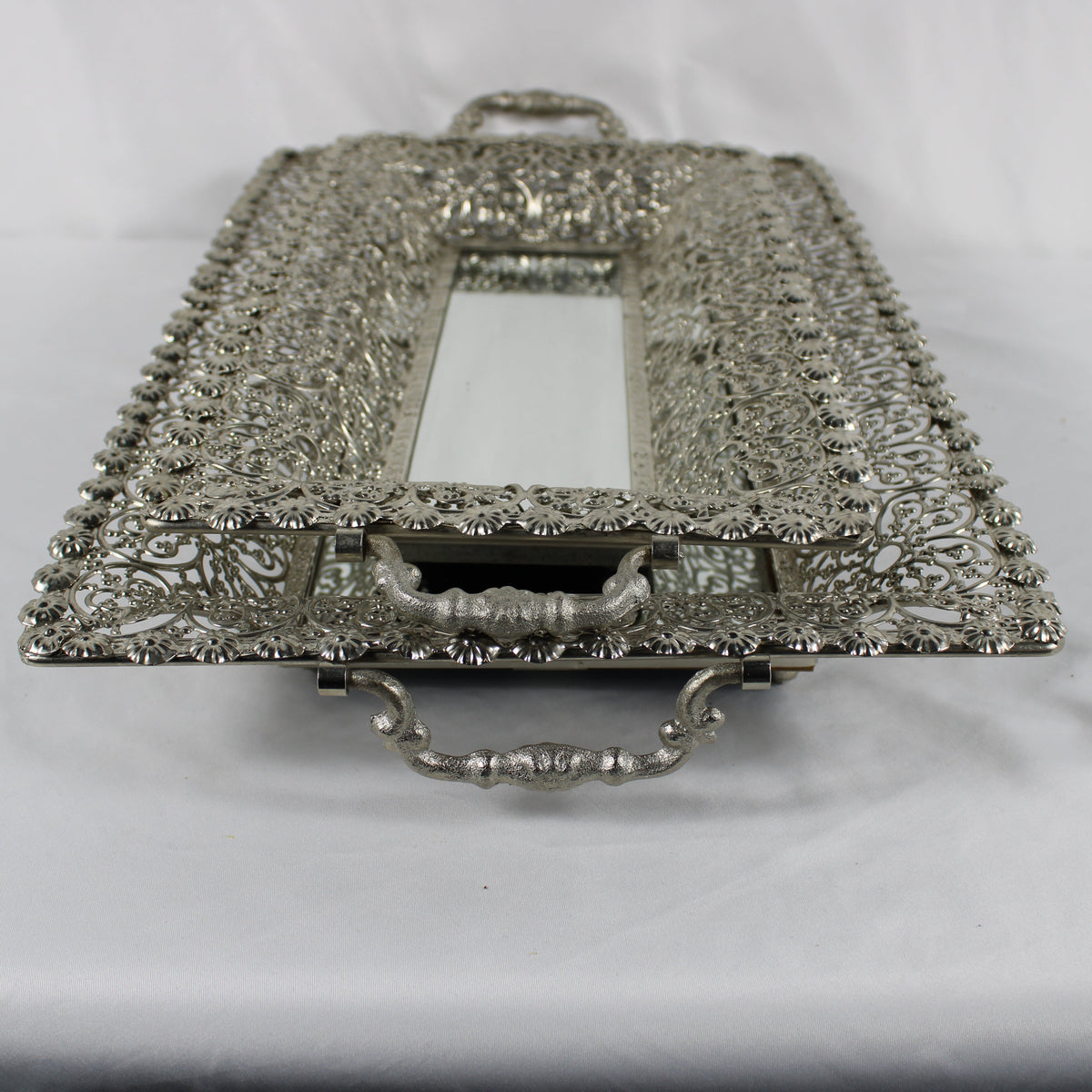 Set of 2 Silver Mirrored Filigree Vanity Trays with Handles
