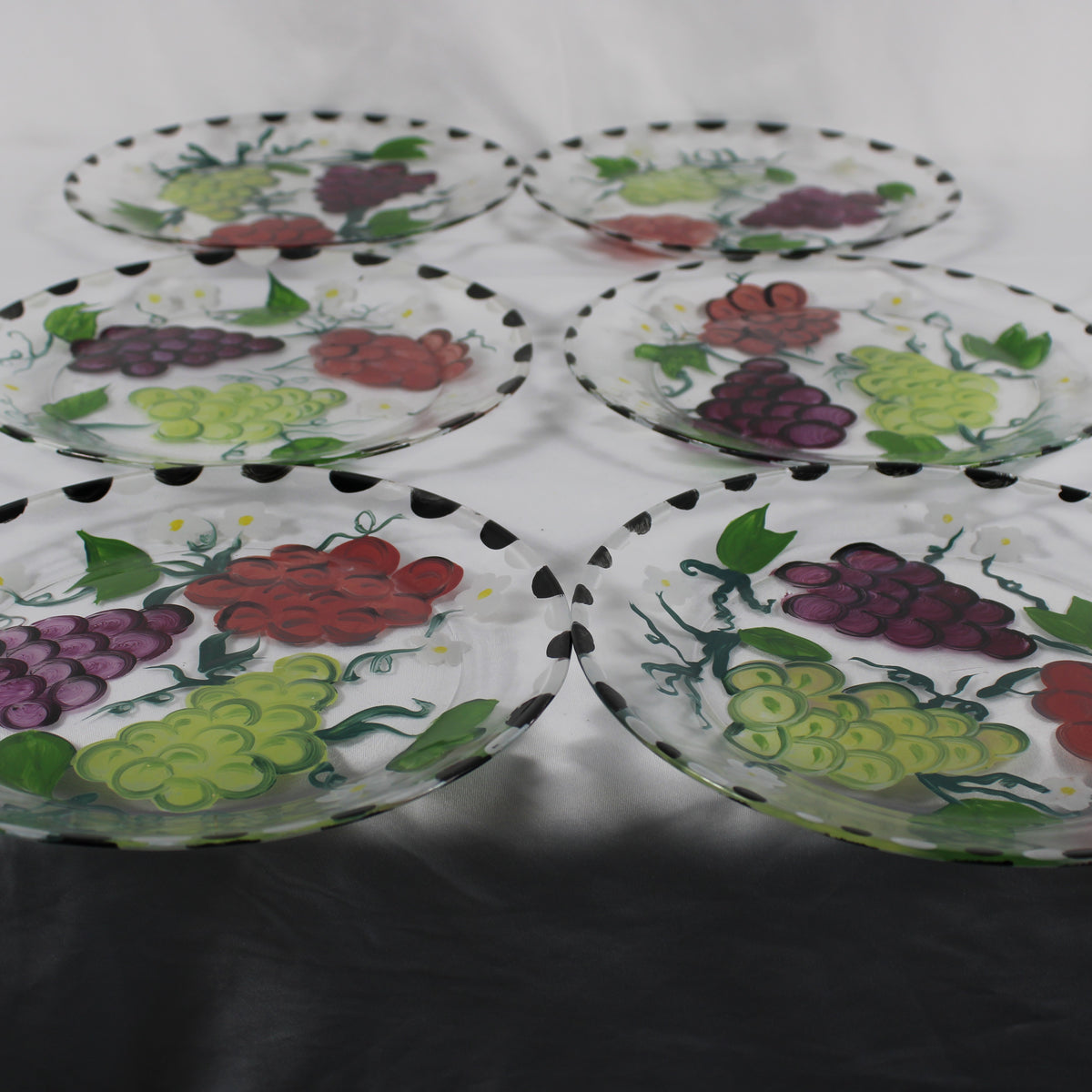 Set of 6 Hand-Painted Grape Clear Glass Salad Dessert Plates