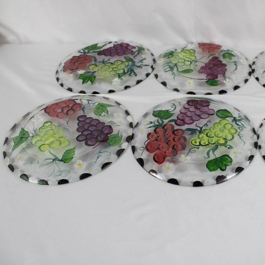 Set of 6 Hand-Painted Grape Clear Glass Salad Dessert Plates