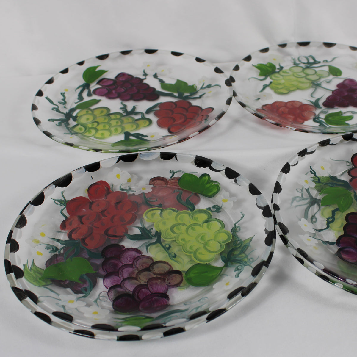 Set of 6 Hand-Painted Grape Clear Glass Salad Dessert Plates