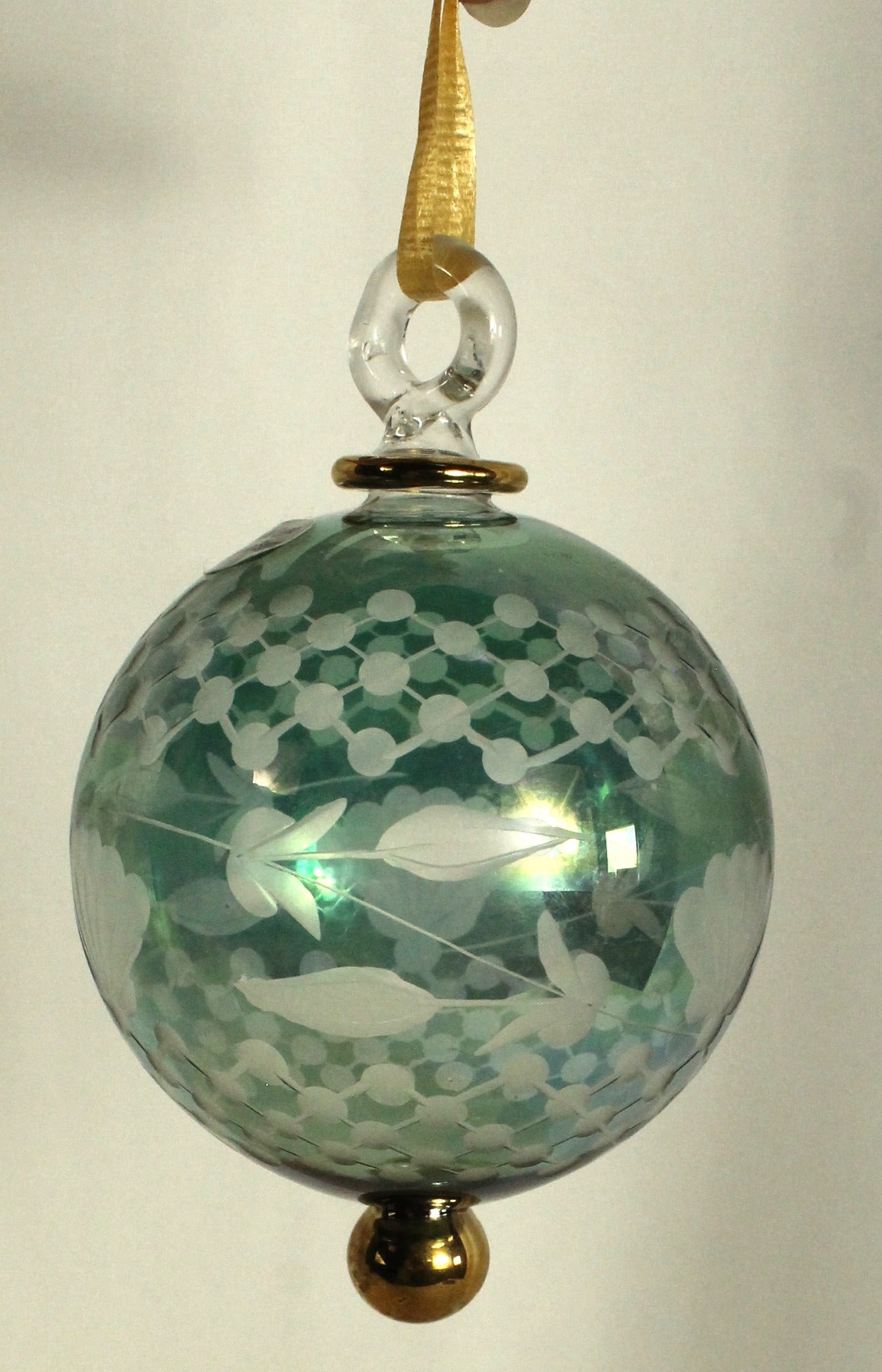 Etched Iridescent Glass Ball Ornament - "Ivy Swag" Design