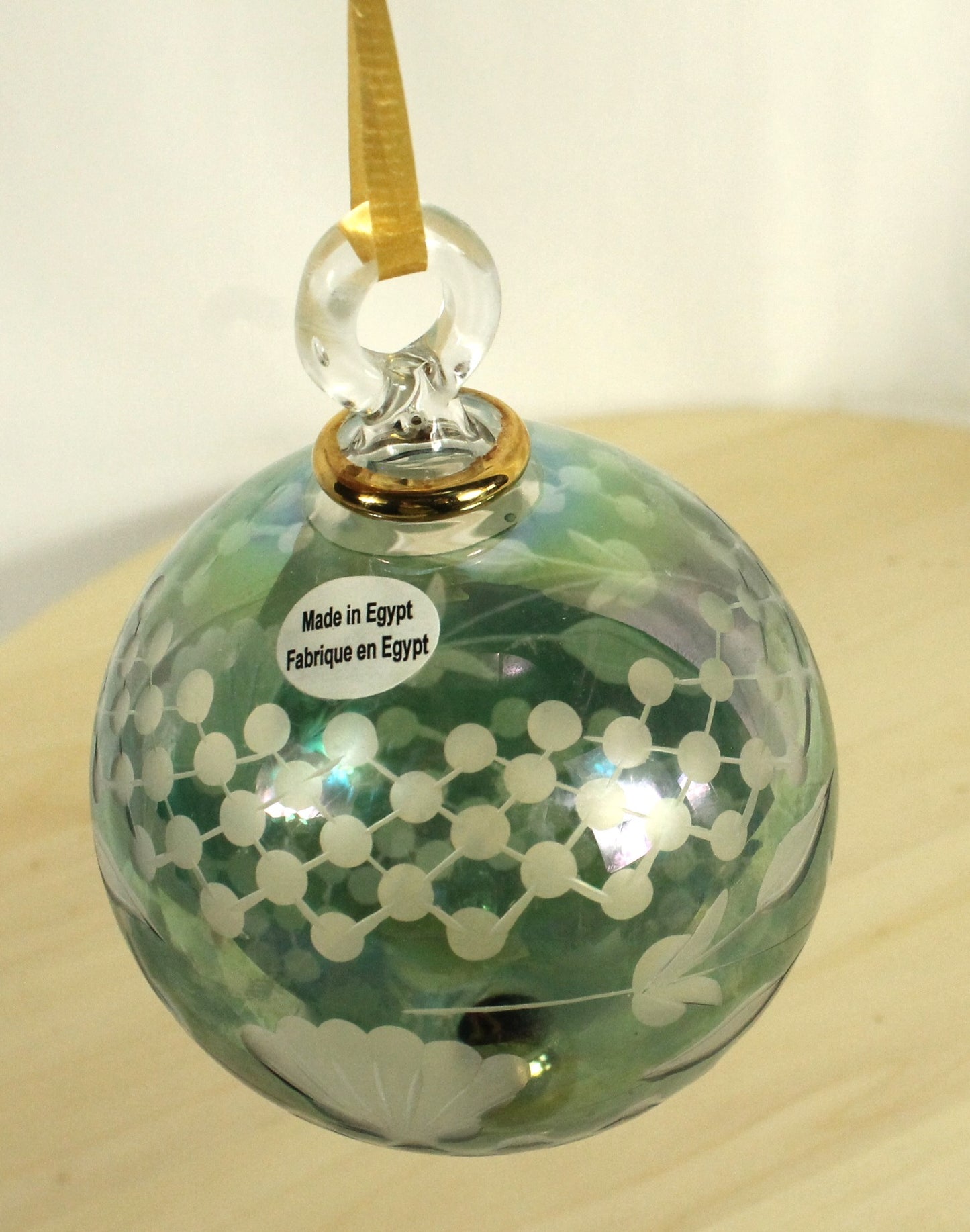 Etched Iridescent Glass Ball Ornament - "Ivy Swag" Design
