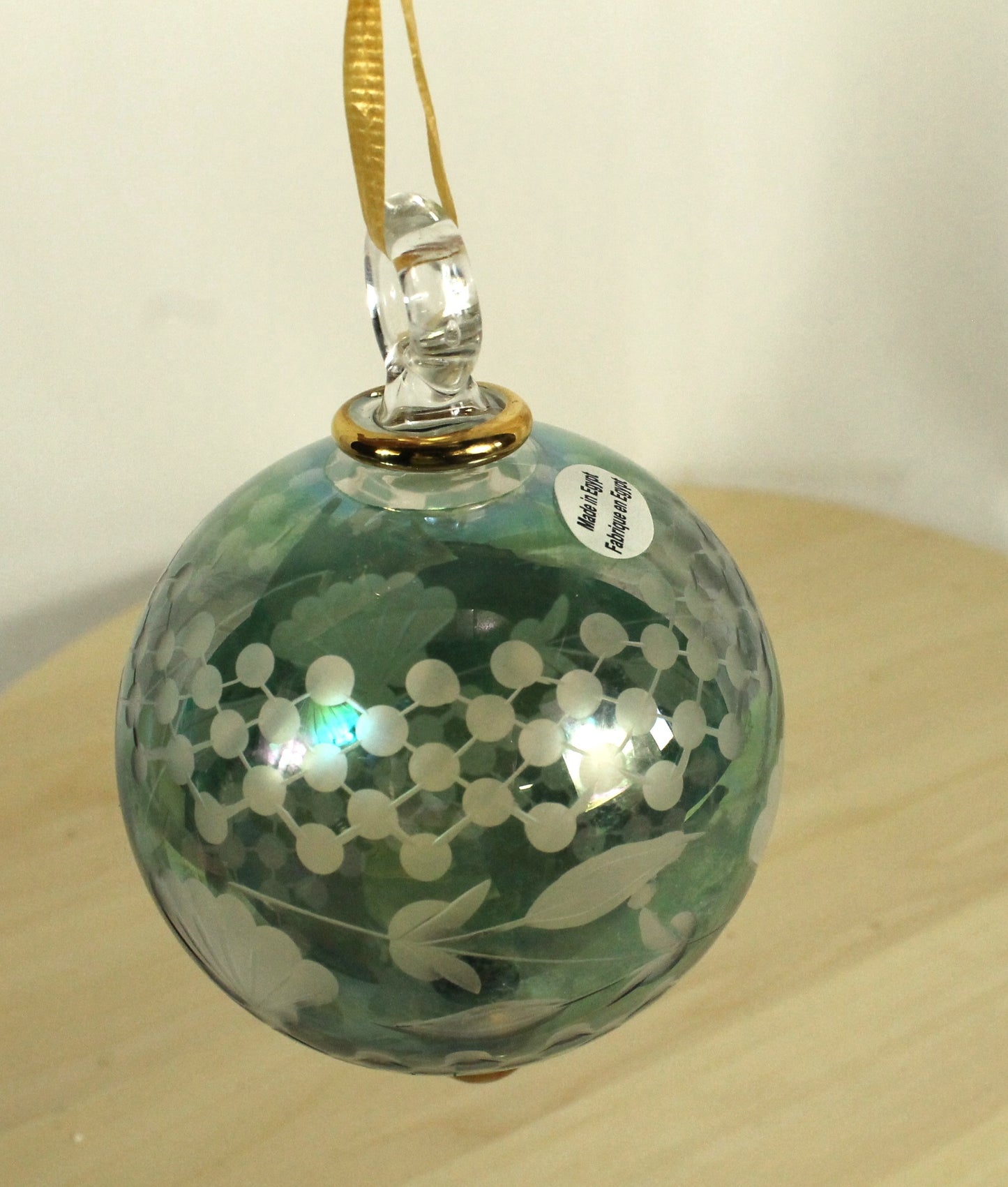 Etched Iridescent Glass Ball Ornament - "Ivy Swag" Design