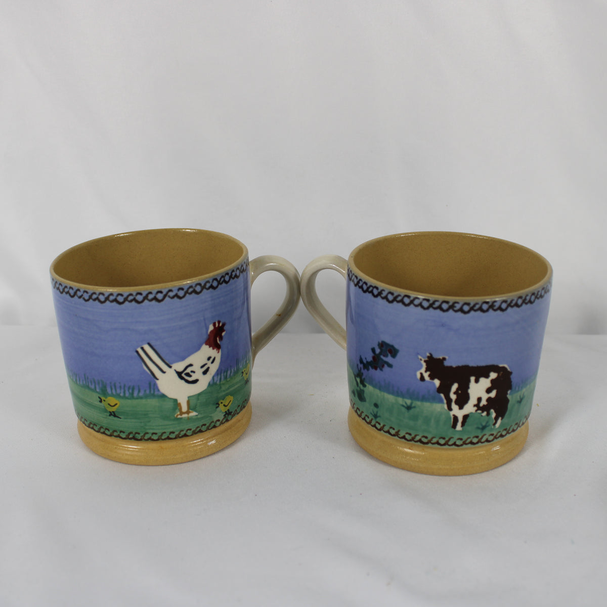 Pair of Vintage Nicholas Mosse Irish Pottery Mugs, Hen and Cow Landscape Patterns