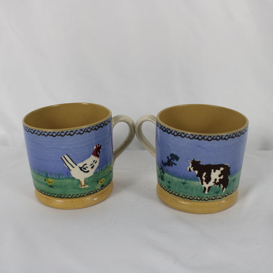 Pair of Vintage Nicholas Mosse Irish Pottery Mugs, Hen and Cow Landscape Patterns