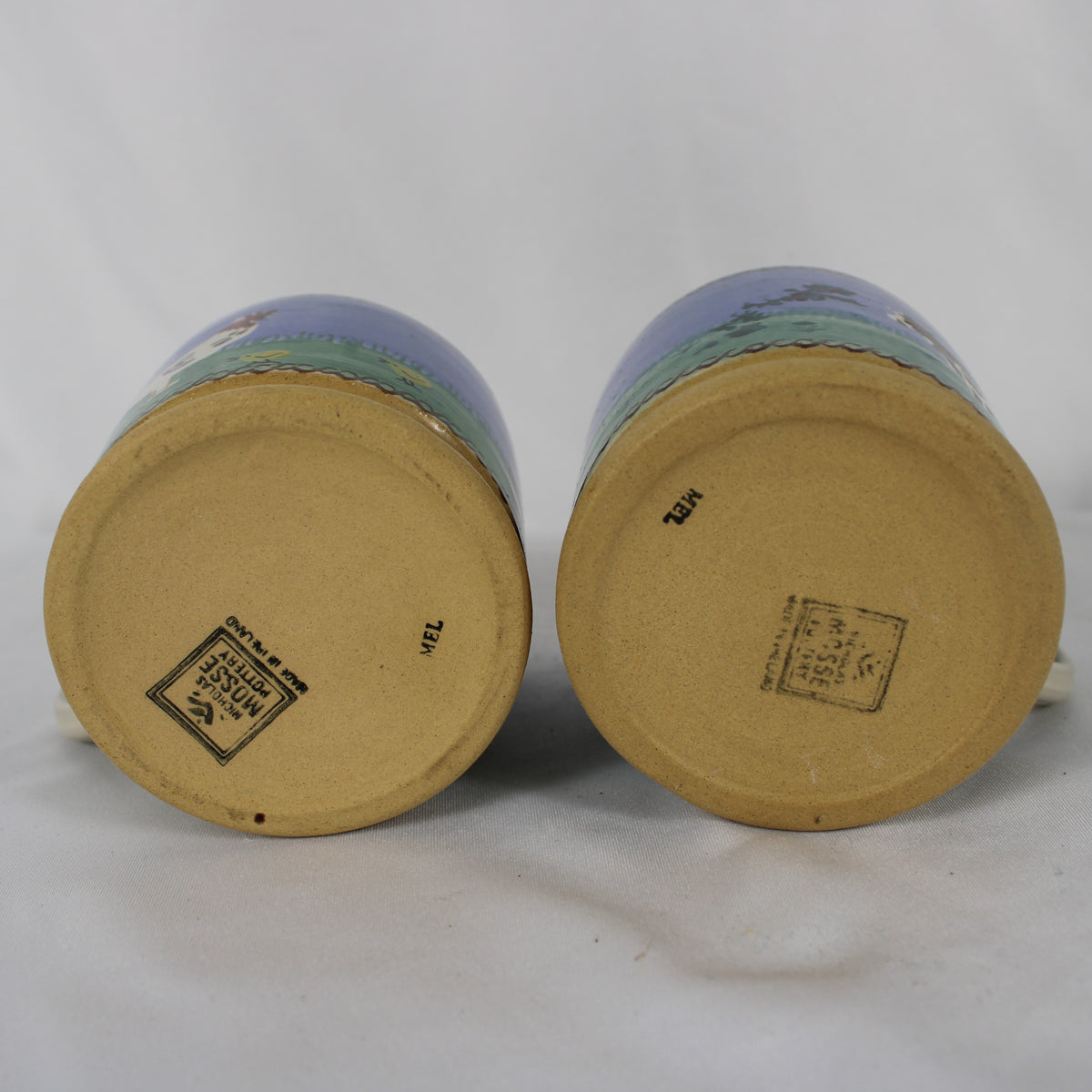 Pair of Vintage Nicholas Mosse Irish Pottery Mugs, Hen and Cow Landscape Patterns