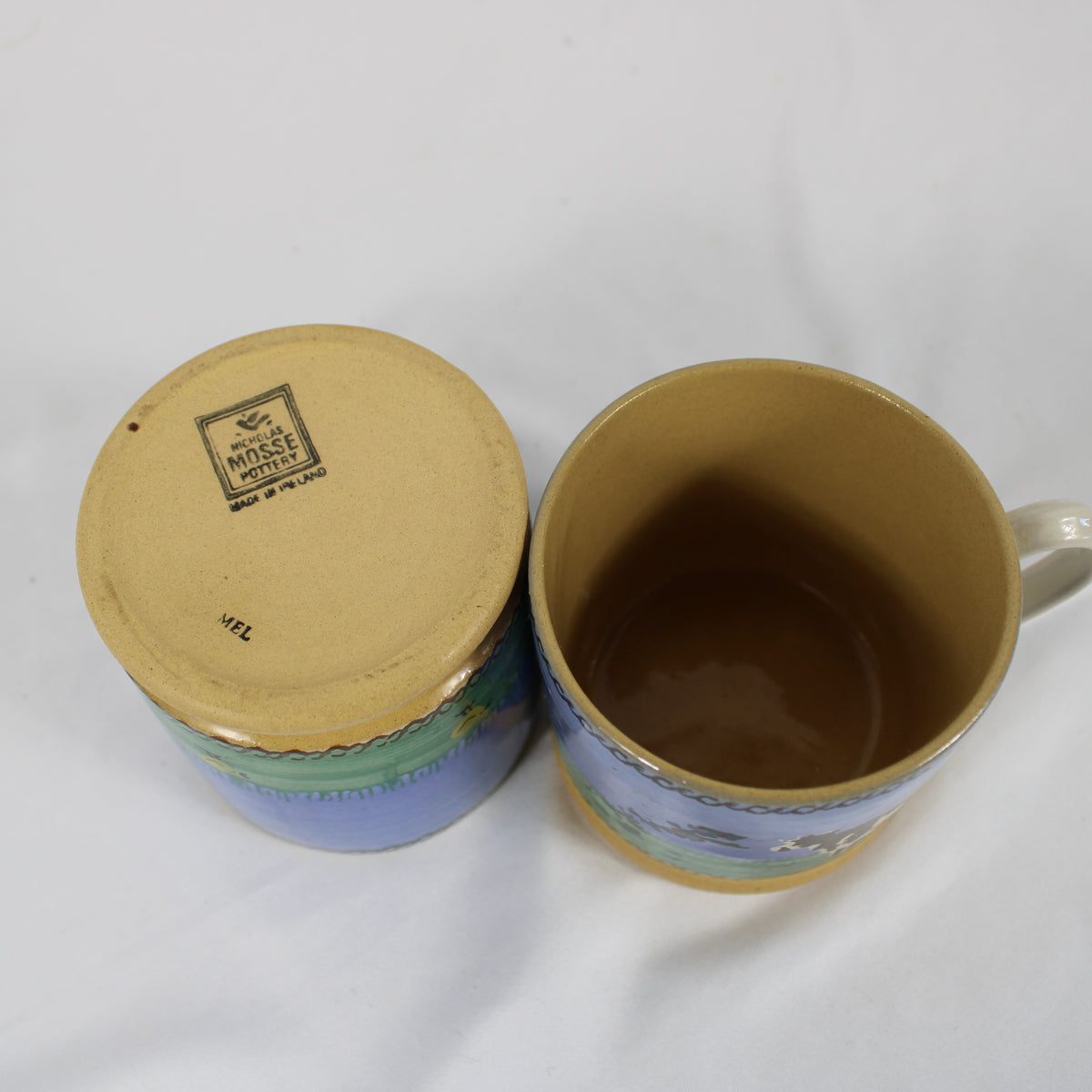 Pair of Vintage Nicholas Mosse Irish Pottery Mugs, Hen and Cow Landscape Patterns