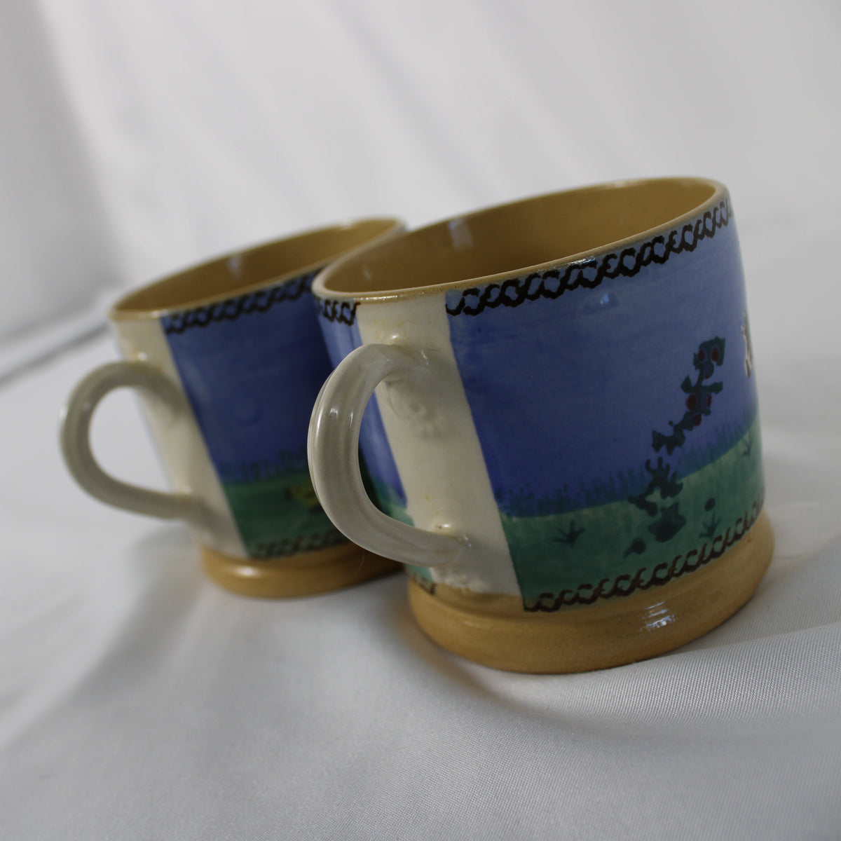 Pair of Vintage Nicholas Mosse Irish Pottery Mugs, Hen and Cow Landscape Patterns