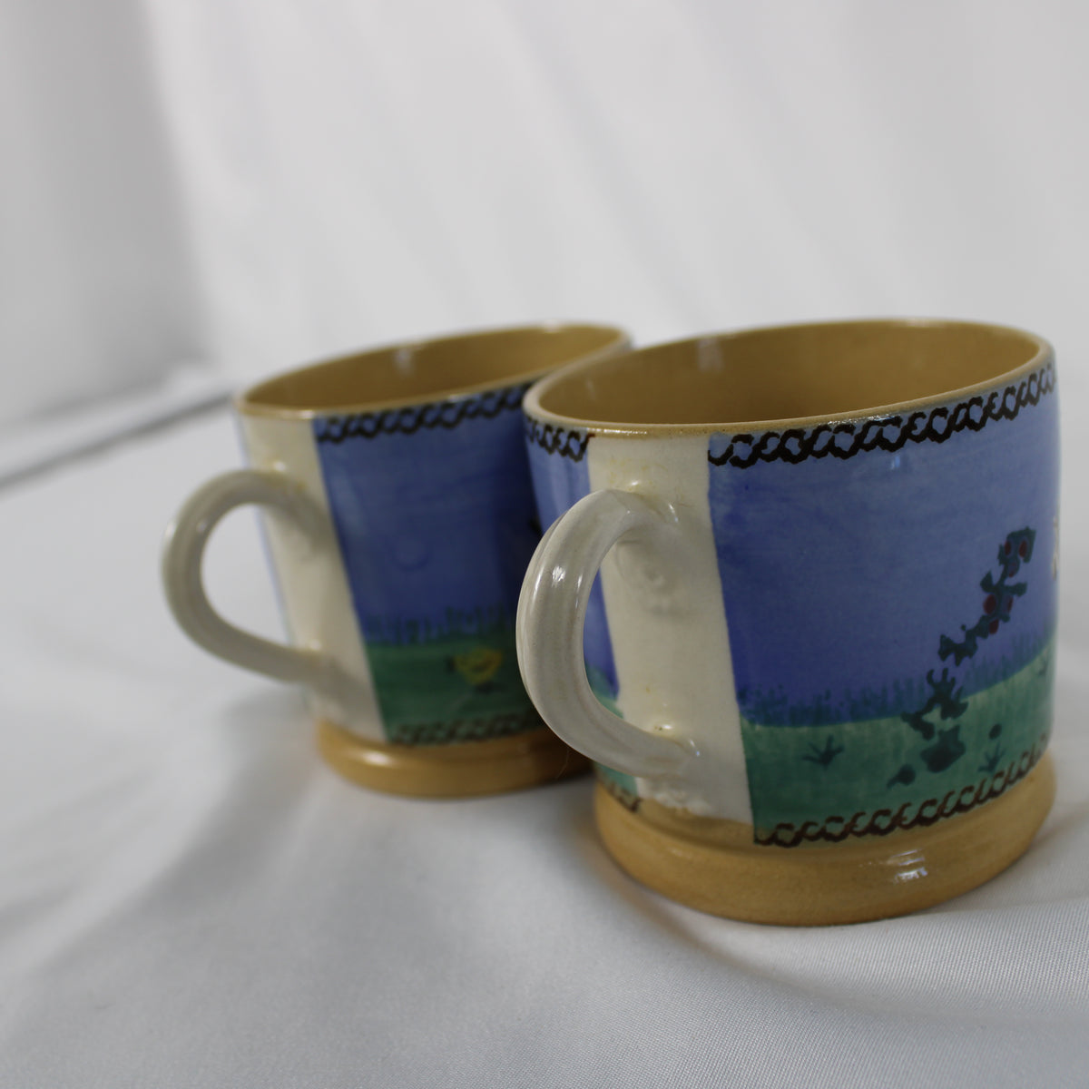 Pair of Vintage Nicholas Mosse Irish Pottery Mugs, Hen and Cow Landscape Patterns