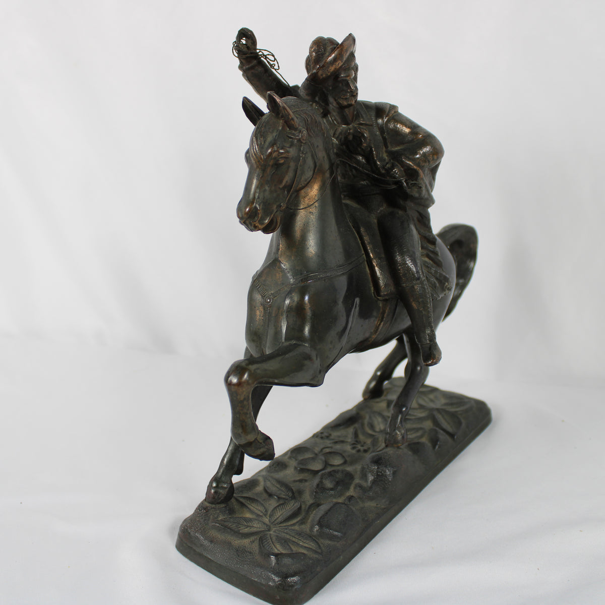 Cast Metal Equestrian Horse and Rider Statue