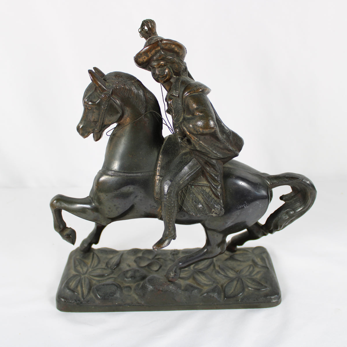 Cast Metal Equestrian Horse and Rider Statue