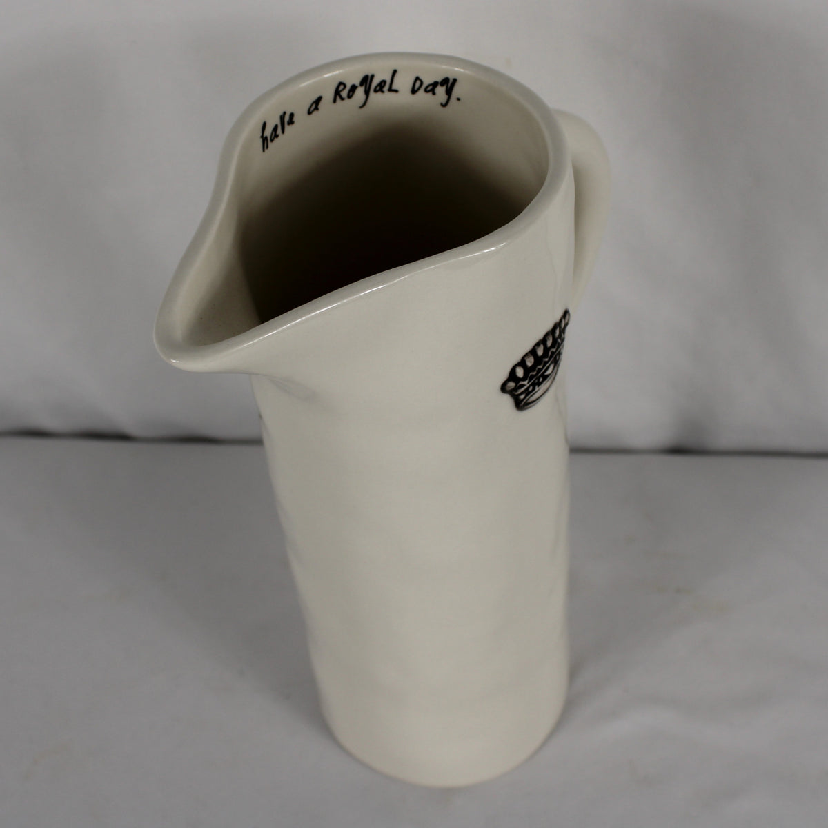 Rae Dunn Artisan Collection White Ceramic Crown Pitcher "Have a Royal Day"