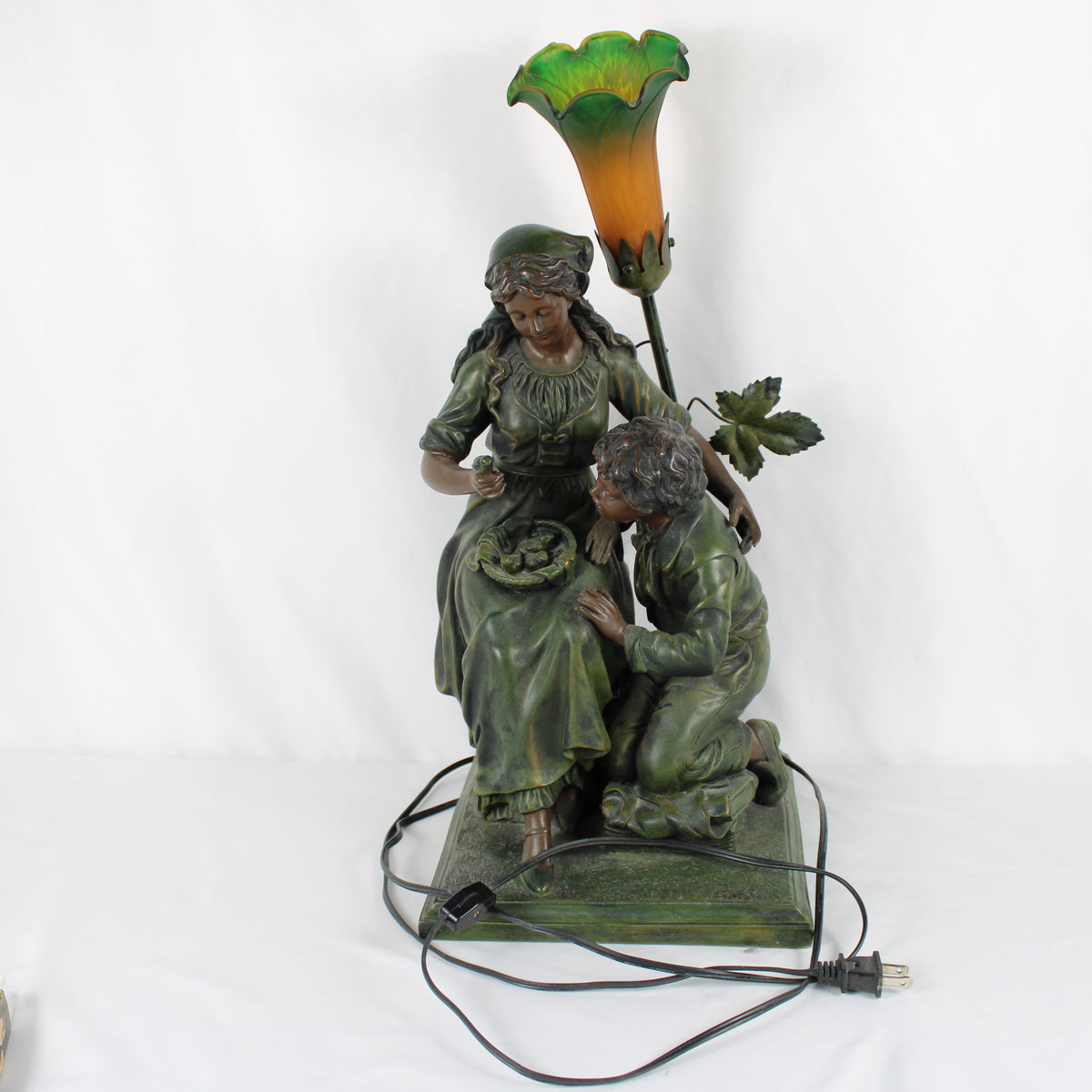 Art Nouveau Style Figural Table Lamp with Green and Amber Glass Lily Shade