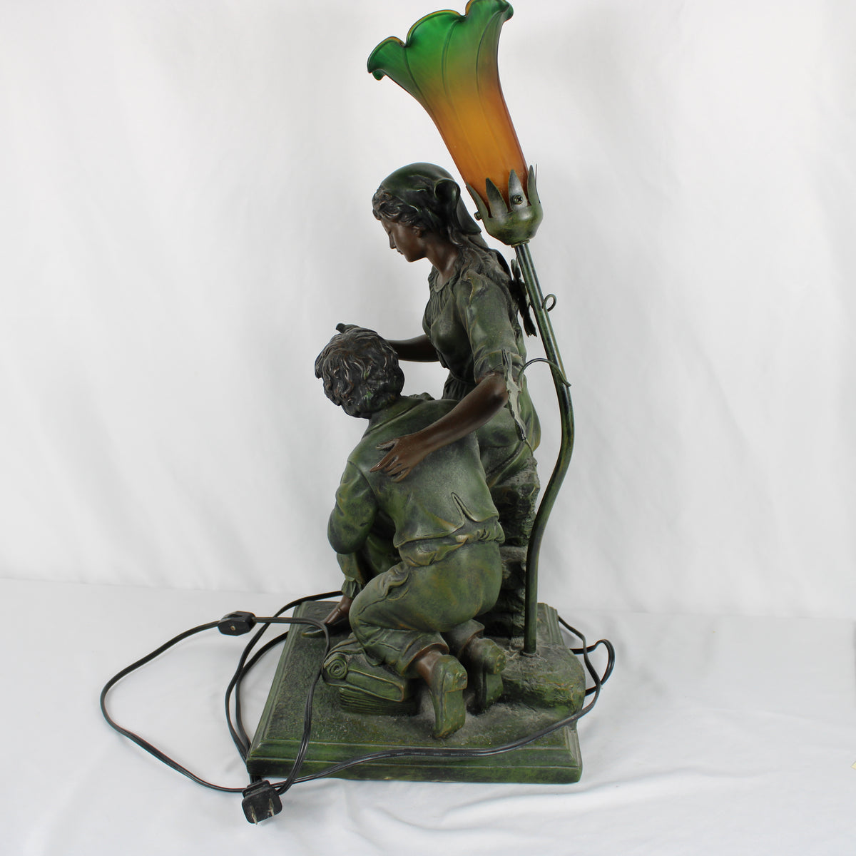 Art Nouveau Style Figural Table Lamp with Green and Amber Glass Lily Shade