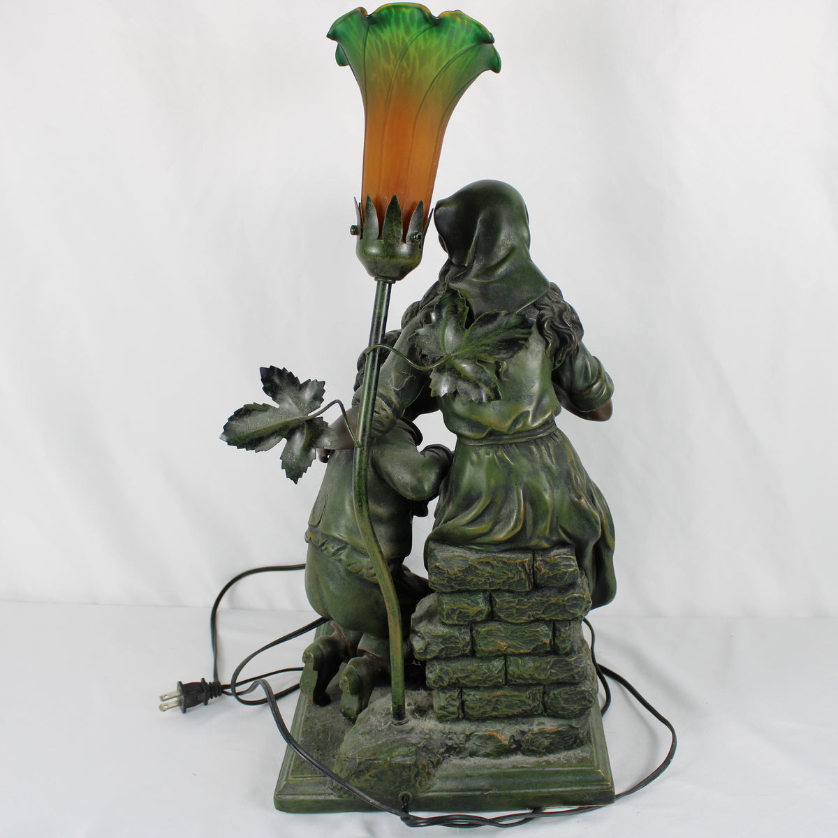 Art Nouveau Style Figural Table Lamp with Green and Amber Glass Lily Shade