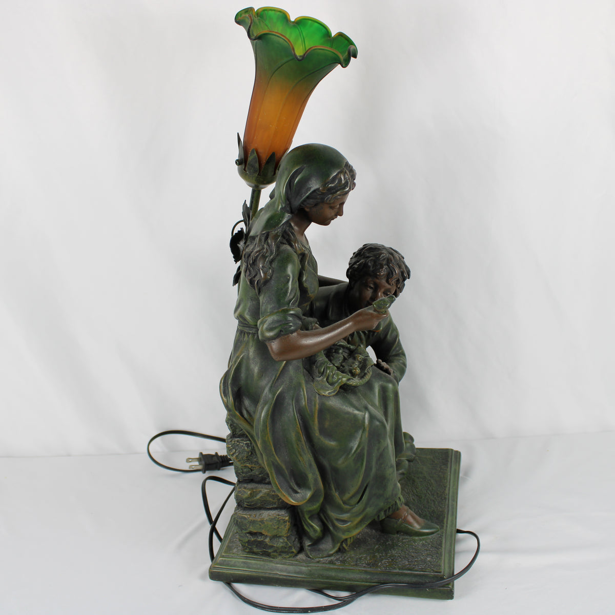 Art Nouveau Style Figural Table Lamp with Green and Amber Glass Lily Shade