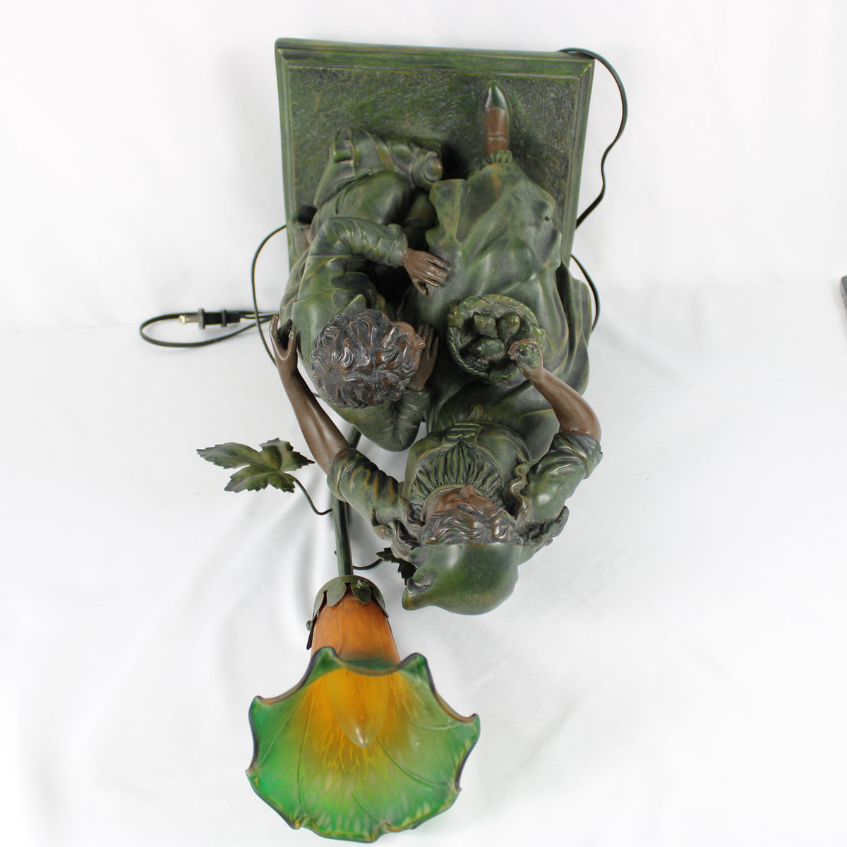 Art Nouveau Style Figural Table Lamp with Green and Amber Glass Lily Shade
