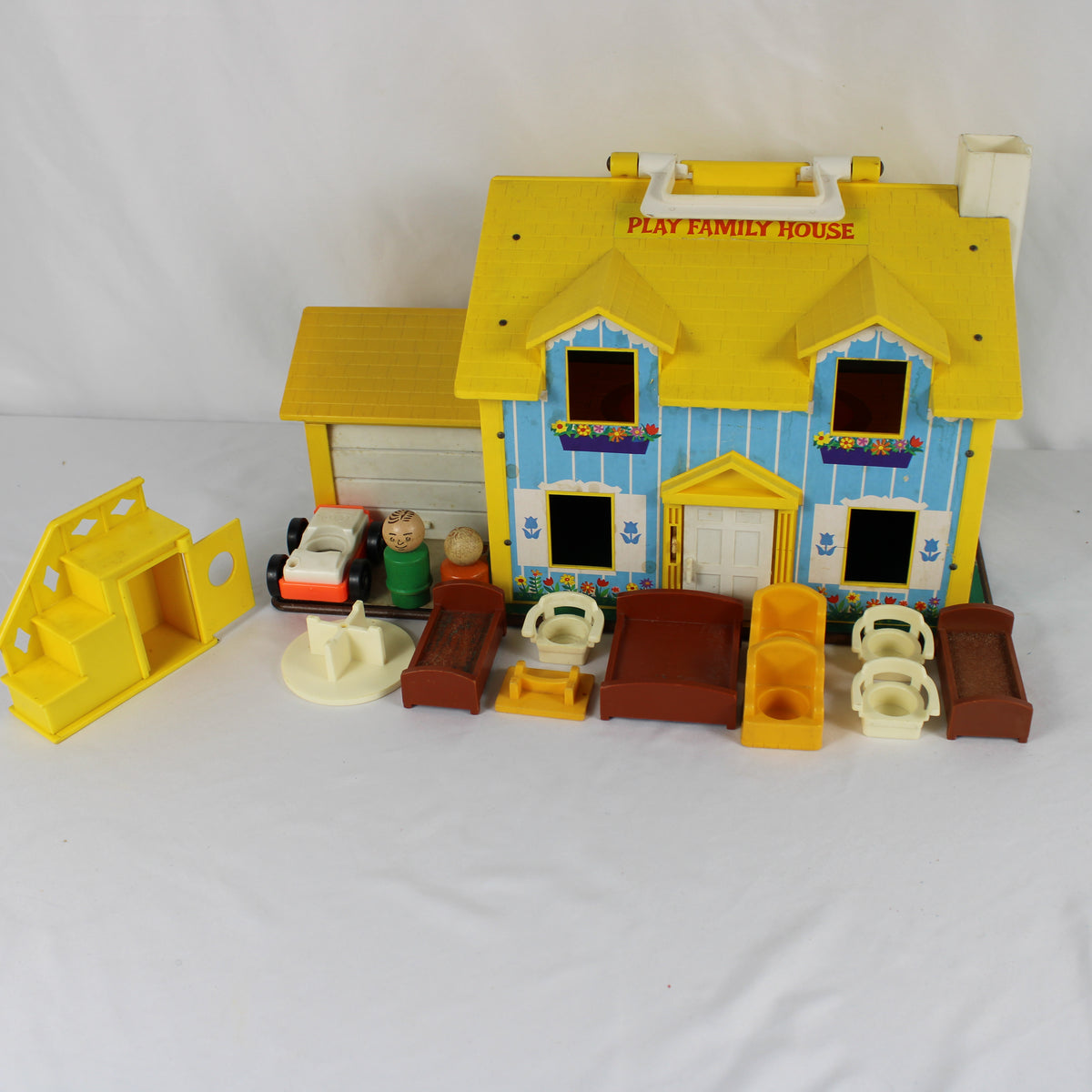 Vintage 1971 Fisher-Price Play Family House #952 with Original Box, Wooden Figures, and Accessories