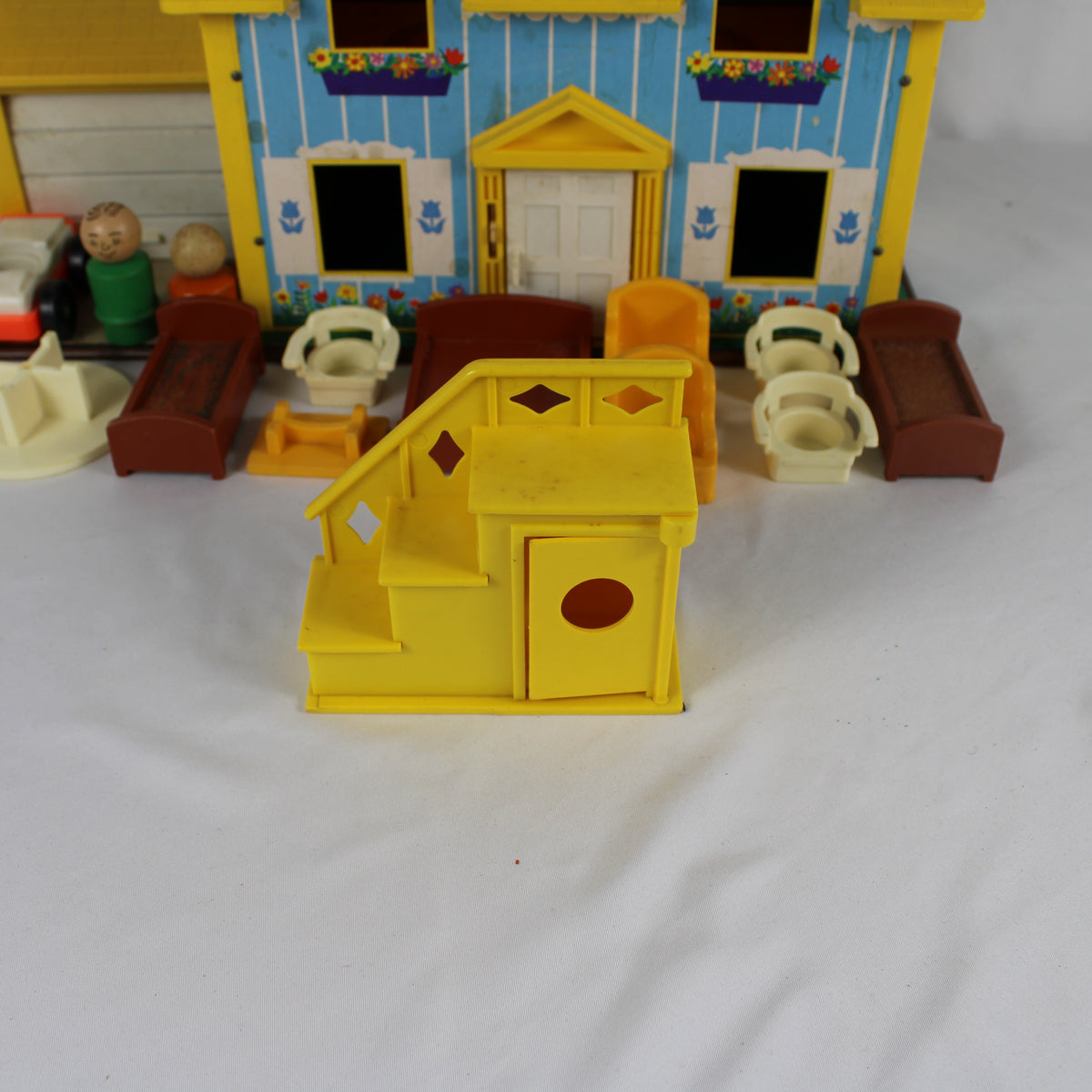 Vintage 1971 Fisher-Price Play Family House #952 with Original Box, Wooden Figures, and Accessories