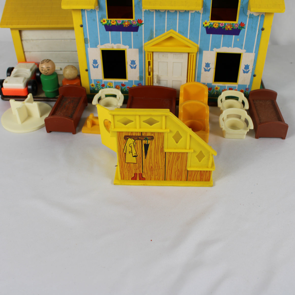Vintage 1971 Fisher-Price Play Family House #952 with Original Box, Wooden Figures, and Accessories