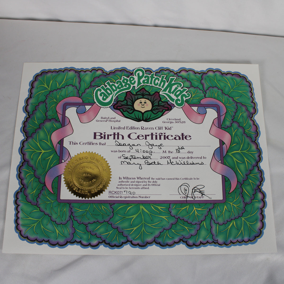 2007 Cabbage Patch Kids Limited Edition Raven Cliff Kid Soft Sculpture Doll - Teagan Jaye (Complete with Papers)
