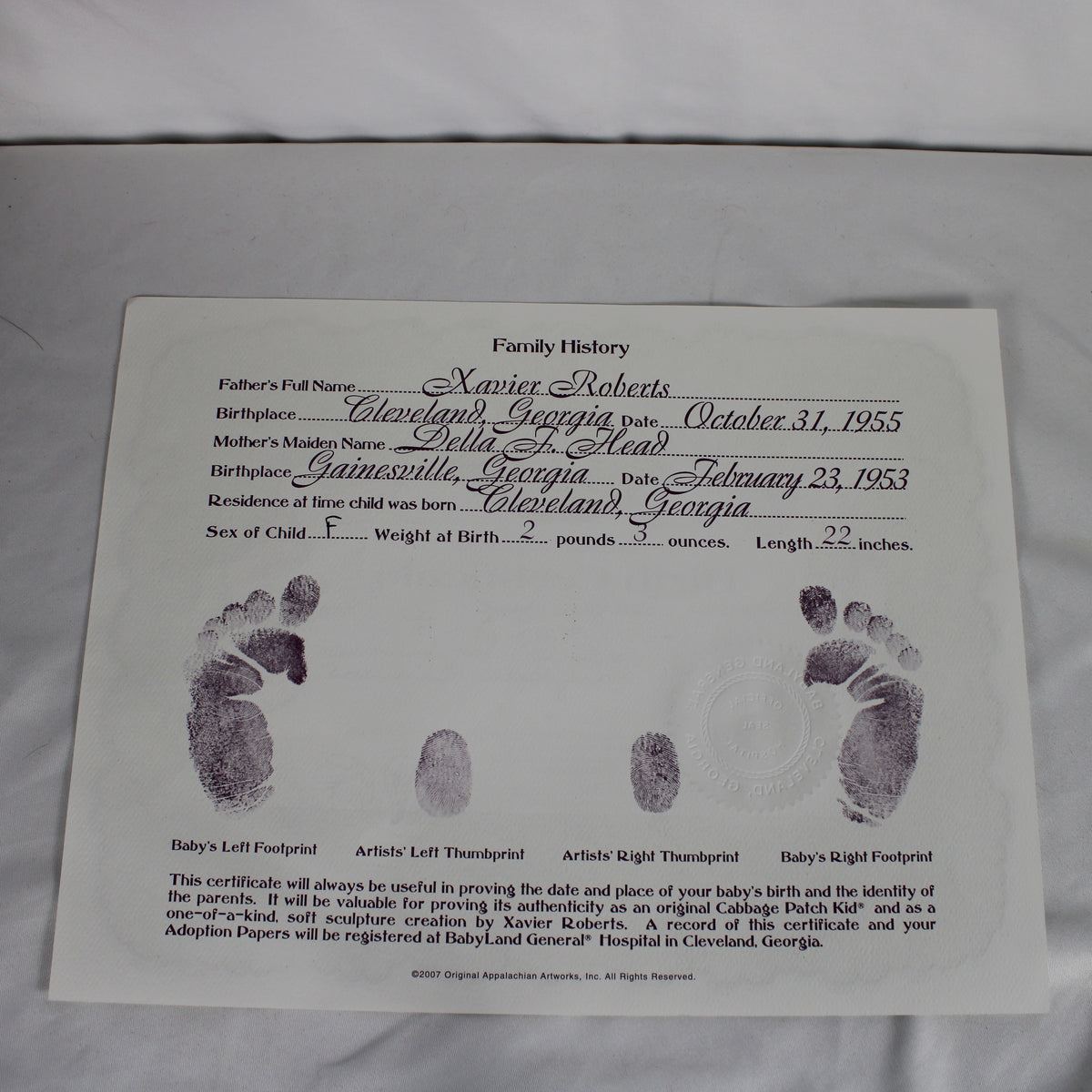 2007 Cabbage Patch Kids Limited Edition Raven Cliff Kid Soft Sculpture Doll - Teagan Jaye (Complete with Papers)