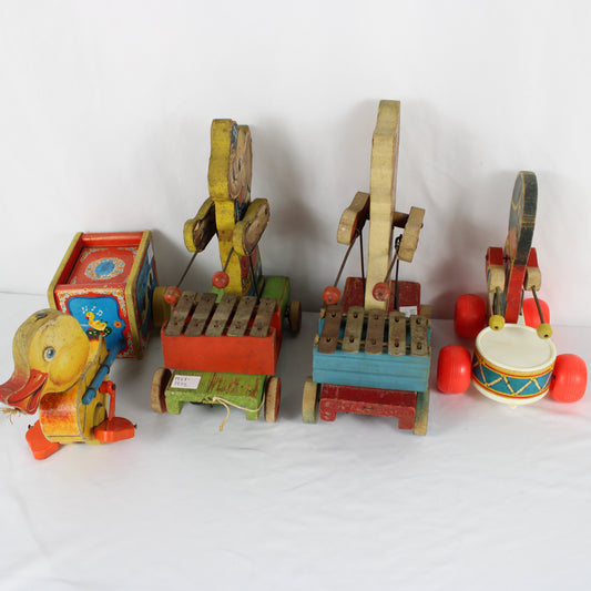 Vintage Fisher-Price Wooden Musical Pull Toy Collection (Lot of 4)