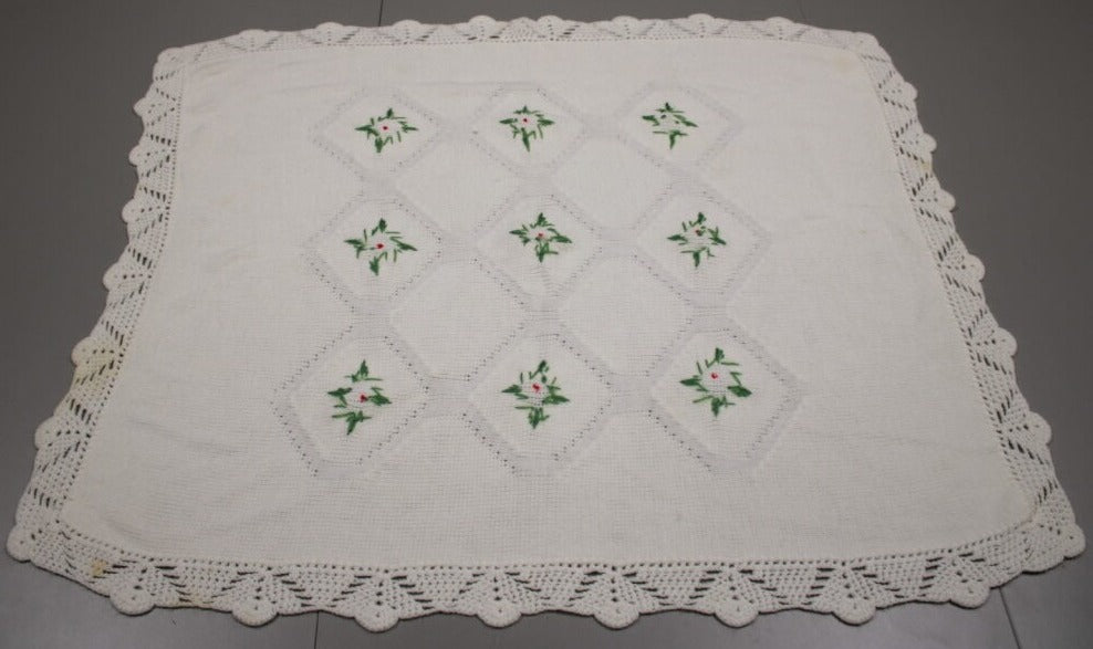 Hand-Knitted White Baby Blanket with Blue Floral Embroidery