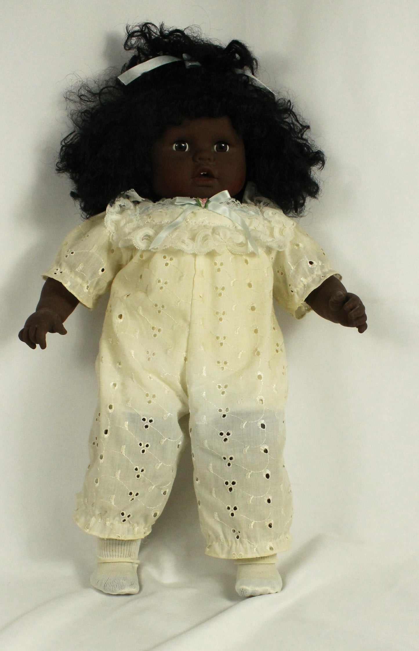 Vintage Vinyl Baby Doll with Curly Hair & Eyelet Outfit – Collectible 20” Doll
