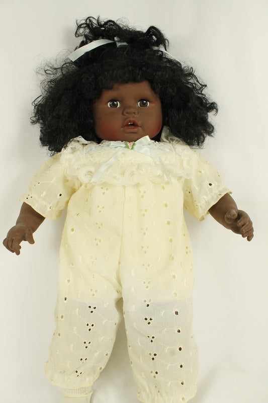 Vintage Vinyl Baby Doll with Curly Hair & Eyelet Outfit – Collectible 20” Doll