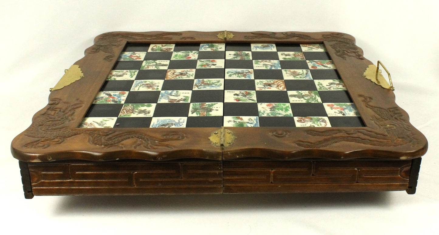 Wooden 8 Fairies Carved Chess Set with Oriental Tile Board & Pieces