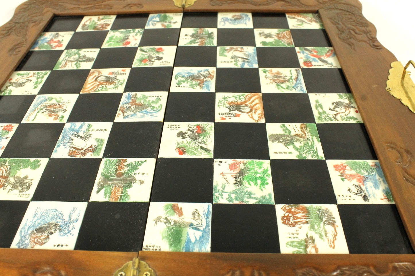 Wooden 8 Fairies Carved Chess Set with Oriental Tile Board & Pieces