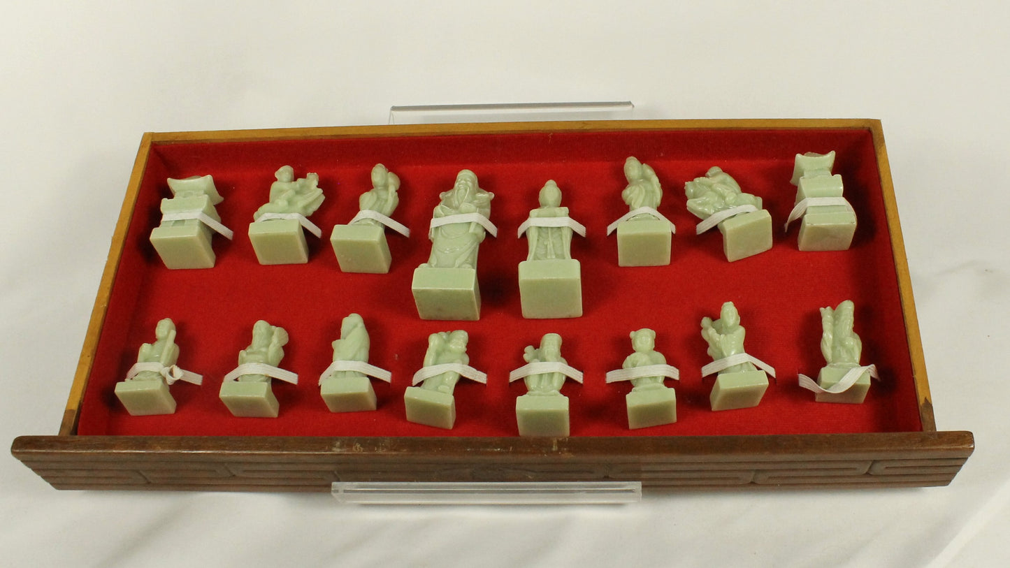 Wooden 8 Fairies Carved Chess Set with Oriental Tile Board & Pieces