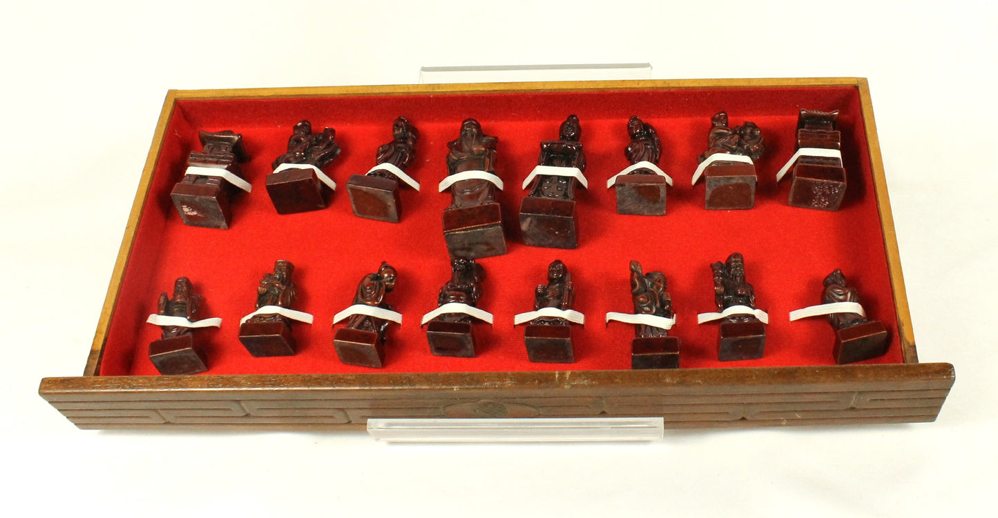 Wooden 8 Fairies Carved Chess Set with Oriental Tile Board & Pieces