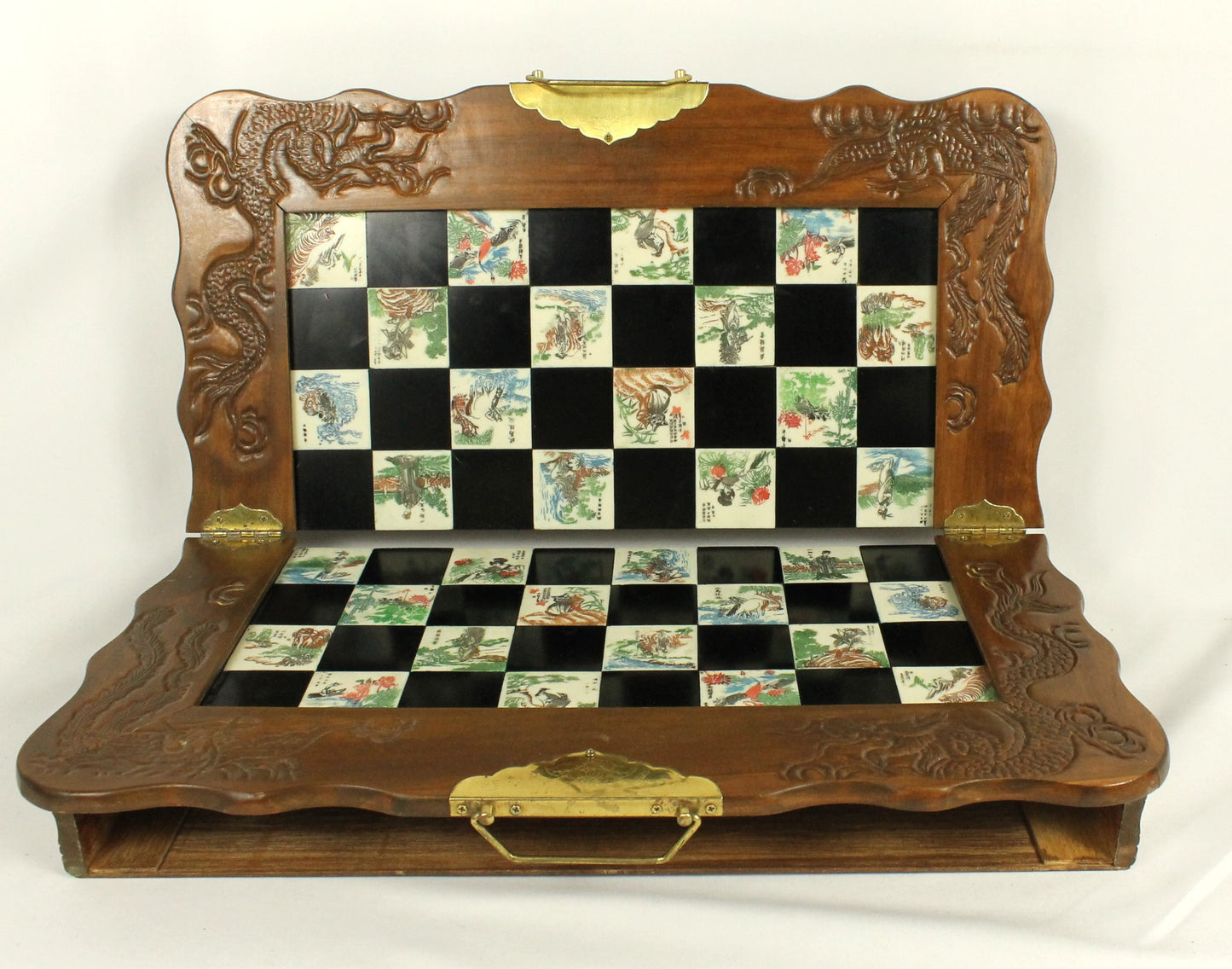 Wooden 8 Fairies Carved Chess Set with Oriental Tile Board & Pieces