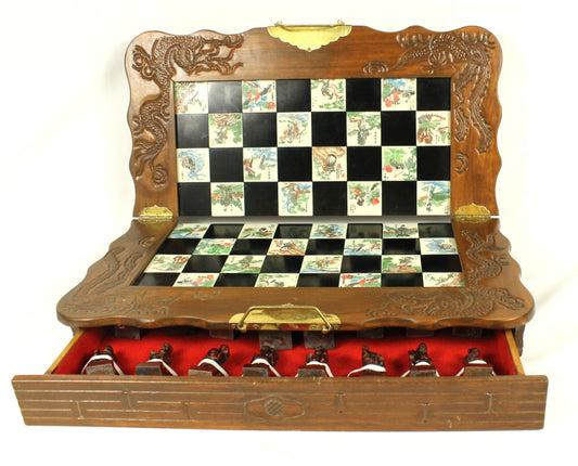 Wooden 8 Fairies Carved Chess Set with Oriental Tile Board & Pieces
